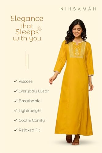 Image of NIHSAMAH Viscose Nighty for Women, Embroidered & Printed Stylish Night Gown, Long Sleeve Comfortable Sleepwear Long Nightwear, Maxi