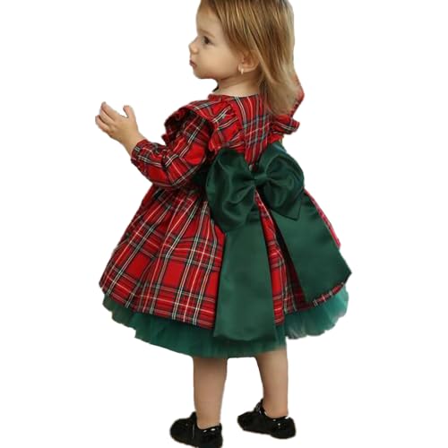 Yassiglia Toddler Baby Girl Christmas Outfit Plaid A-Line Dress with Bowknot First Christmas Baby Girl Baby (01&Red, 12_months-24_Months)