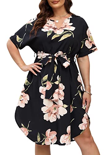 Nemidor Plus Size Casual Dresses for Curvy Women Summer Boho Floral Print Swing Midi Dress with Pockets 14-26