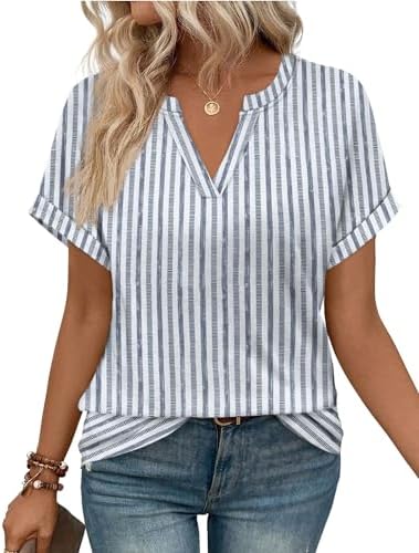 WIHOLL Womens Boho Tops 2026 Summer Short Sleeve Tshirts Shirts Spring Dressy Casual Blouses Airport Trendy Teacher Outfits L Blue Stripe