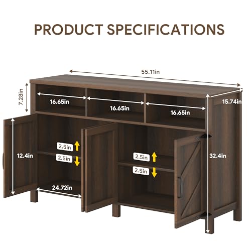 Buffet Sideboard with Storage Farmhouse with 4 Doors, 55'' Large Kitchen Storage Cabinet Wood Coffee Bar Cabinet Buffet Table with Shelves for Kitchen, Dining Room, Entryway (Brown, 55in) - Image 3