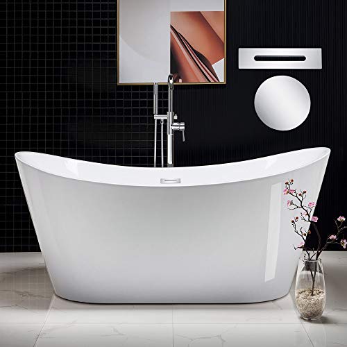 WOODBRIDGE 67" Acrylic Freestanding Bathtub Contemporary Soaking White Tub with Chrome Overflow and Drain,B0010-C