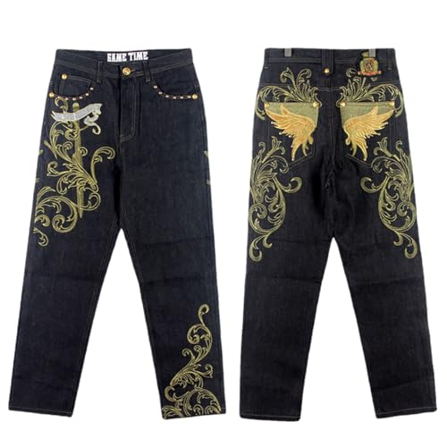 NCDUANSAN Gothic Men's Denim Pants Street Loose Hiphop Street Dance Graffiti Embroidery Casual Leg Wide Pants