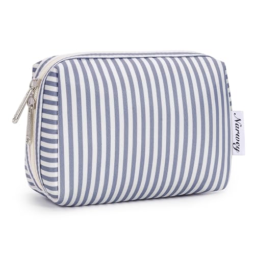 Narwey Neceser Maquillaje Mujer, Neceser Viaje Bolsa de Maquillaje Organizador, Makeup Bag Bolsa de Aseo para Mujeres Niñas (Rayas Gris Azul,Pequeño)