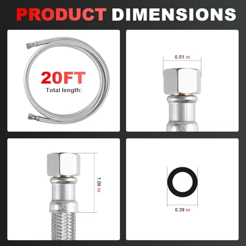 Image of Refrigerator Water Line 20ft inchby inchStainless Steel Braided | Ice Maker Hose Burst Proof Water Supply Line,Food grade PVC Inner Tube Fit to ALL Refrigerator Ice Maker