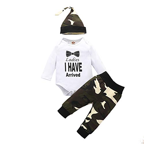 BOWINR Newborn Baby Boy Clothes Long Sleeve Romper Letter Bodysuit Camouflage Pants Outfit Set(12_Months White)
