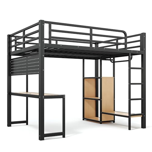 Image of Bellemave Full Size Loft Bed with Desk,with USB Ports, Lights, and Hanging Rod, Cave Board Design, Metal Full Loft Bed Frame for Adults, Kids, Teens, Black