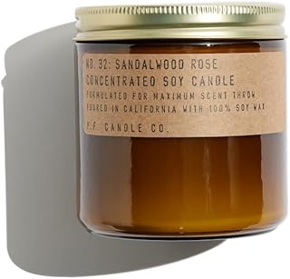 P.F. Candle Co. Sandalwood Rose Classic Large Concentrated Scented Soy Wax Candle (12.5 oz) 60-70 Hour Burn Time, Amber Glass Jar, Made in The U.S.A.