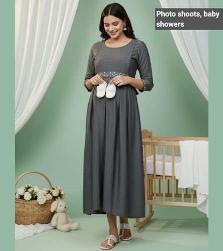 Image of DUMMY SHAPE Maternity Gown for Women | Floral Anarkali Flare Kurta with Dual Nursing Zippers | Pregnancy & Breastfeeding | Feeding Kurtis | Baby Shower | Mom to Be Gifts for Pregnant Woman