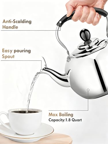 Dclobtop Whistling Tea Kettle Stovetop - 2.0 Quart Round Tea Pot for Stovetop, Silver Mirror Polished Classic Stovetop Kettle, Food Grade Material Teapot for Stove Top