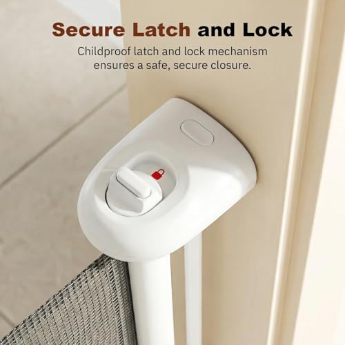 Image of Baybee Retractable Baby Safety Gate Fence for Kids & Pets | 140 cm Stretchable Mesh with Secure Childproof Lock | Foldable Drill-Mount Barrier for Door, Stairs & Kitchen (White)
