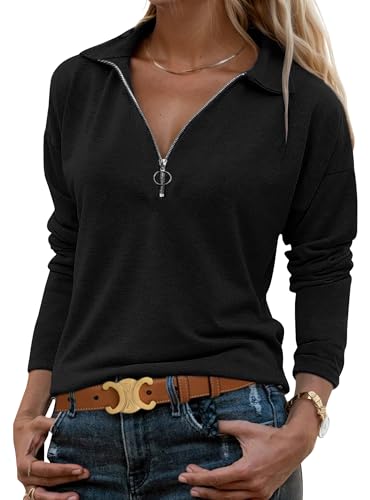 Halife Women's Collared Long Sleeve Shirts Business Casual Dressy Blouse Shirt Tunic Half Zip V Neck Work Tops Blouses