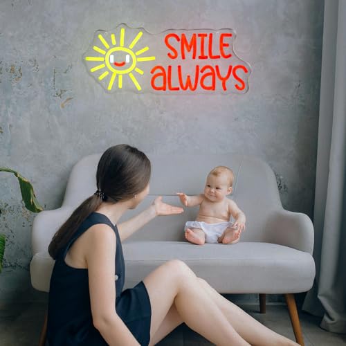 Image of Smile Always Neon LED Sign with Happy Sun Red Yellow Sunshine Gift for Friends Kids Teenagers Positive Quote for Classroom, Office, Bedroom, Man cave, School Nursery Wall Decor