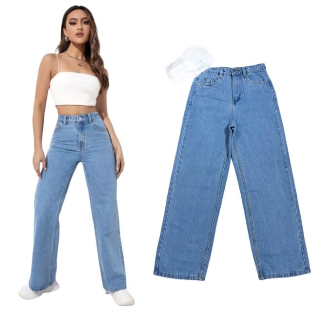 Image of Wide Leg Jeans Women's High Waist Baggy Relaxed Fit Vintage Inspired Perfect for Everyday Wear, Office, Casual Outfits, Parties, and Traveling. Colour : Cream