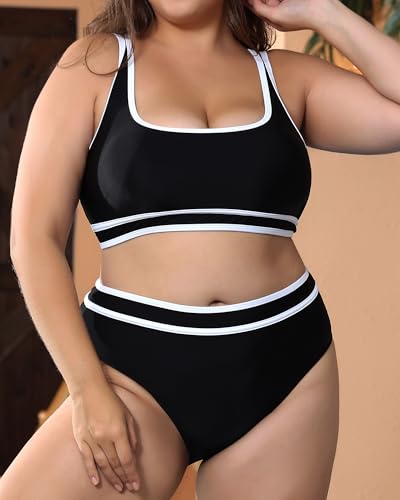 Plus Size Women's High Waist Bikini - Tummy Control Two Piece Bathing for Curvy Busty Black Sexy Swimsuits4
