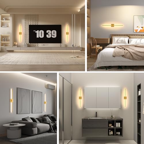 Image of 40 Inch Wireless Wall Sconces Set of 2, Rechargeable Battery Operated Wall Sconce With Remote & Touch, 8000mah, 3 Color Modes, Magnetic, 360 Rotate, for Bedroom, Living Room, Hallway Decor, Gold