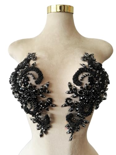 Handmade Rhinestones on Lace Applique Trim Sewing Beads Sequins Trim Patches for Wedding Dress Accessories 1Pair/Bag 4.72X11.8inches (Black)
