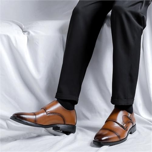 Men Dress Oxford Shoes Toe Double Monk Top-Grain Leather Casual Slip-on Pointed Toe Anti-Slip Rubber Sole Slip Resistant Block Heel Classic3