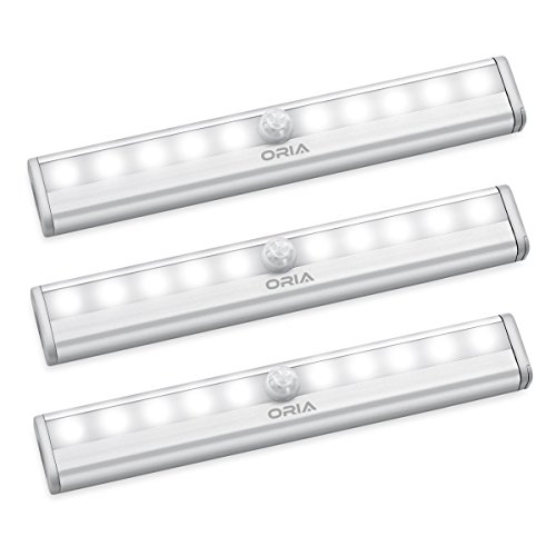 ORIA Motion Sensor Light, 10 LED Sensing Closet Light, Battery Powered Stick-Anywhere Stairs Light, Night Light, Wall Light, Security Safe Light for Bathroom, Cabinet, Wardrobe, Basement (Pack of 3)