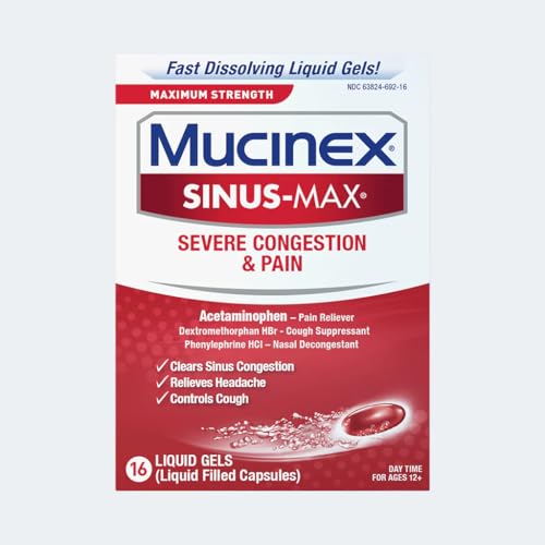 Mucinex Sinus-Max Maximum Strength Severe Congestion & Pain, Sinus Symptom Relief, Pain Reliever, Cough Suppressant and Nasal Decongestant, 16 Liquid Gels (Pack of 2) - image 1