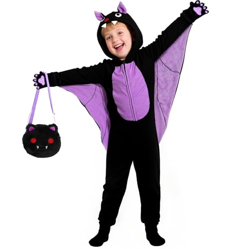 Learn2M Halloween Bat Costume for Boys & Girls Kids Onesie Costume with Purple Bat Wings Ears Paws Purse Bag Gifts for Halloween Dress-Up Birthday or Any Occasion (7-8Years)
