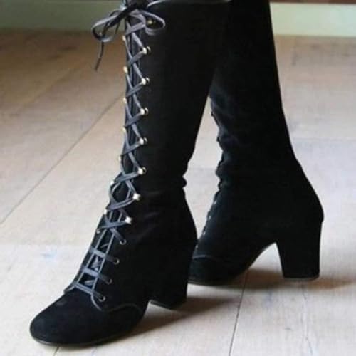 Victorian Boots for Women Lace Up Mid Calf Chunky Heel Gothic Shoes - 4