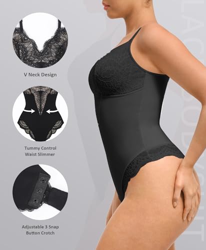 FeelinGirl Womens Body Suits Shapewear Tummy Control Backless Thong Body Shaper V Neck Compression Lace Bodysuit Tops4
