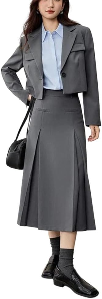 Womens Professional Business Suit Casual Single-Button Padded Shoulder Short Blazer and A-Line Skirt Set
