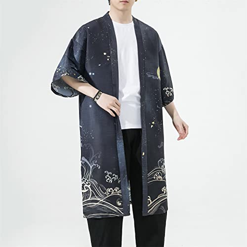 Image of Seidarise Men's Haori, Long Kimono Cardigan Jacket Japanese Style Flying Crane Seven Sleeves Open Front Coat