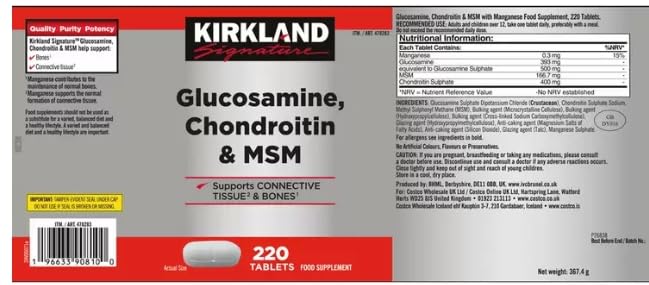 Kirkland Signature Glucosamina, condroitina e MSM, 220 compresse, formula a tripla azione per la salute, la flessibilità e la mobilità delle articolazioni