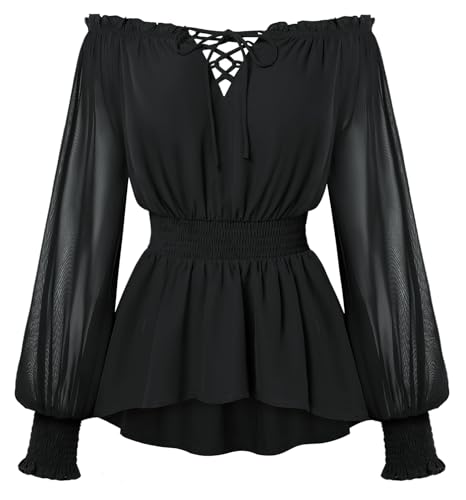 Image of SCARLET DARKNESS Womens Long Sleeve Tops Tunic Peplum Ladies Blouse Casual Cottagecore Vintage Medieval Going Out T Shirts Black XL
