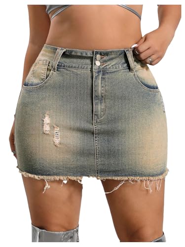 WDIRARA Women's Plus Size Distressed Denim Skirt Frayed High Waist Bodycon Mini Jean Skirts with Pockets