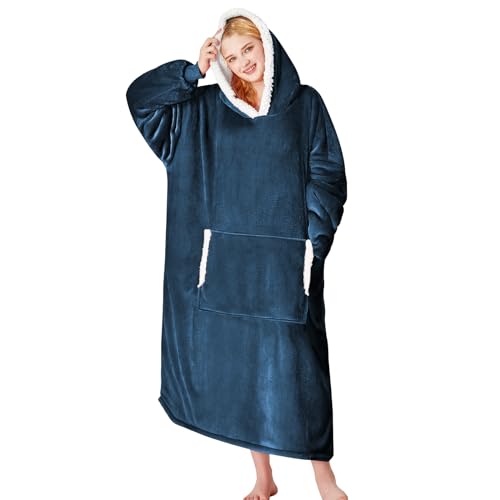 yescool Wearable Blanket Hoodie, Flannel Sherpa Fleece Blanket Sweatshirt for Adults Women Men, Big Plush Cozy Hooded Blanket with Hood, Pocket & Sleeves, Large, One Size Fits All (Navy Blue)