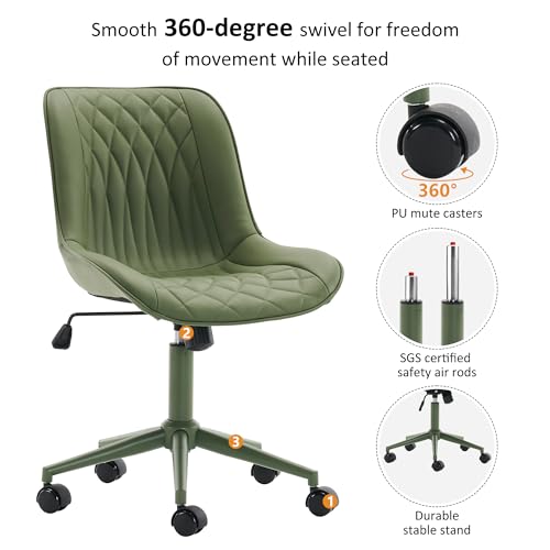 Image of YOUNIKE Faux Leather Office Desk Chair Comfy Vanity Chair Armless Green | Ergonomic Upholstered Rocking Back, Swivel with Wheels, Height Adjustable, Modern Task Chair For Computer Sewing Drafting