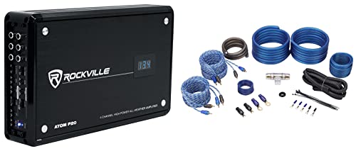 Rockville Atom P20 1600w 4-Channel Bluetooth Car Amplifier w/Volt Meter+Amp Kit