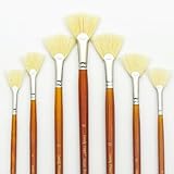 Artist Fan Paint Brushes Set, 7 Pieces White Hog Bristle Natural Hair Anti-Shedding Brush Tips and Long Wood...