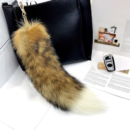Image of 15.75 Inch Long Fluffy Faux Fur Tail Keychain, Fake Animal Tails for Handbags Backpacks Charm Tassel Ornaments (Khaki-Black)