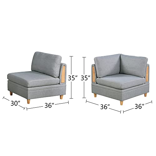 Poundex 6-Piece Dorris Fabric Upholstered Modular Sectional Sofa Set with 1 Ottoman, Light Grey