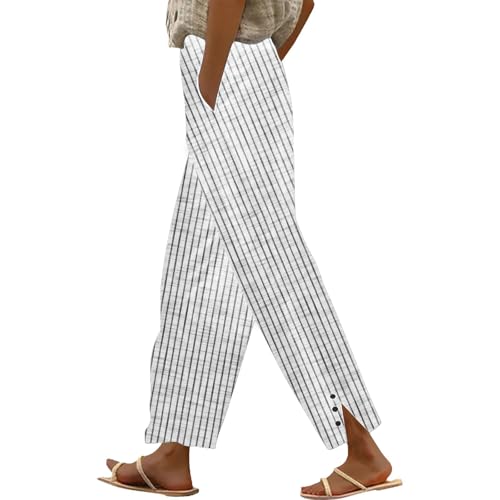 YOSUWOAI Pantalones de lino para mujer, de verano, holgados, 7/8, de lino, de algodón, ligeros, transpirables, de verano, hawaiano, informales, cómodos, holgados, para yoga, jogging, O blanco., 4XL