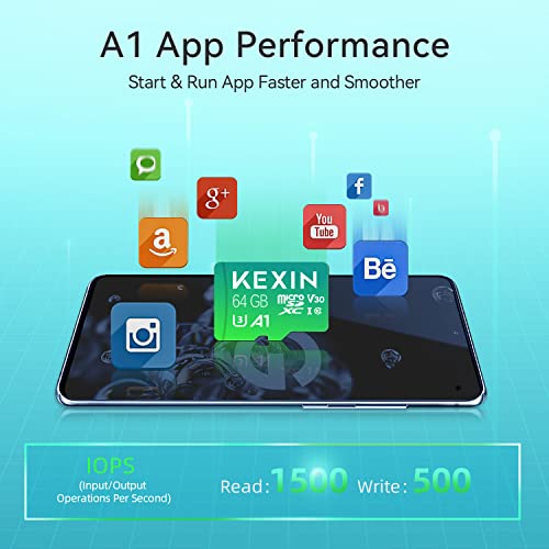 Image of KEXIN 3 Pack Micro SD Card 64GB MicroSDXC with SD Adapter, A1, U3, V30, C10 Micro SD Memory Card TF Card 4K Full HD Video Recording for Camera, Smartphone, Monitor, Drone, Dash Cam, Gopro Green