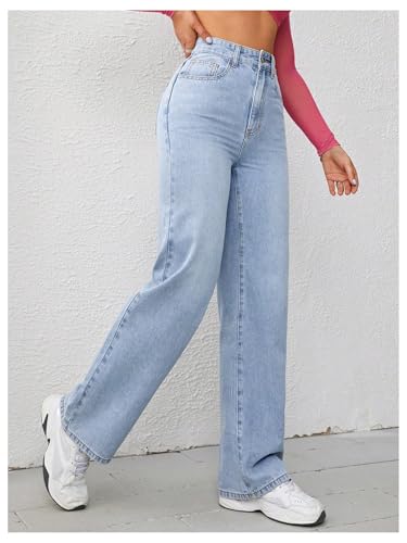 Floerns Women's Solid High Waist Jeans Zipper Fly Wide Leg Denim Pants Light Blue Small3