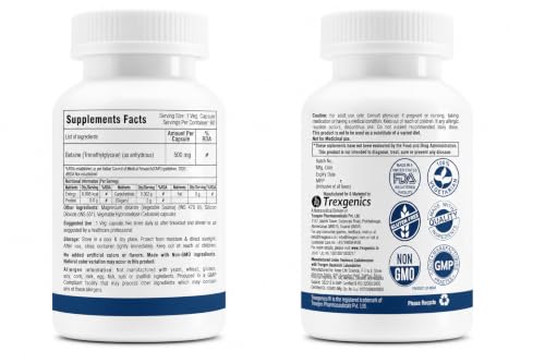 Image of Trexgenics BETAINE - TMG (Trimethyglycine) 500 MG Homocysteine Balance, Liver Care, Athletic Performance Support (60 Veg Capsules) (Pack of 2)