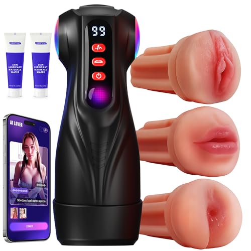Image of Uoffile Mens Sex Toy Adult Toys - 3 Sleeves Sets AI Sync APP Male Masturbator Sex Toys for Men with 9 Sucking & 9 Vibrating, Pocket Pussy Penis Pump, Colorful Lighting Stroker Erotic Massage Kits
