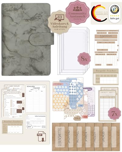 BeginnerBudget® Budget Planner Deutsch - Starterset mit Sparchallenge Budgetplaner - Sparen mit Umschlagmethode + Anleitung - Ringbuch A6 - Binder A6 Marmor-Style (Grau)