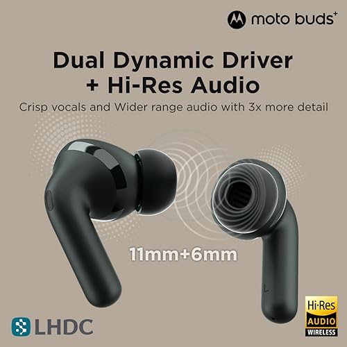 Image of Motorola Moto Buds+ (Forest Grey) | Sound by Bose | ANC up to 46 dB | Dual Drivers 11mm+6mm | Dolby Head Tracking | LHDC Hi-Res | 38 hrs Total | Fast & Wireless Charging | IP54 | BT 5.3, multipoint