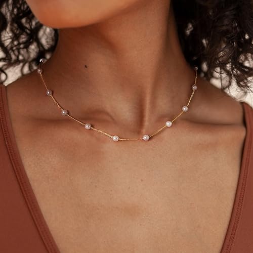 Meeran Pearl Necklace For Women, Dainty 14K Gold Plated Pearl Necklace Simple White Pearls Choker Necklace Cute Pearl Thin Chain Necklace Elegant Tiny Small Faux Pearl Necklaces Women Wedding Jewelry Gift thumb #1