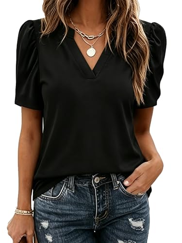 Image of Zeagoo Women Blouses Puff Short Sleeve Tops V Neck Dressy Casual Spring Shirts Boho Floral Cute Clothes 2026