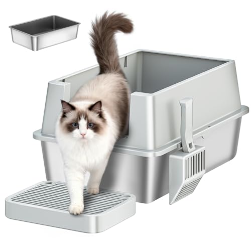 Fobyfurny Bac à Litière pour Chat en Acier Inoxydable, XXL Grande Capacité Métallique Parois Hautes Bac Litière pour Chat, avec Pédale et Pelle, Facile à Nettoyer, 60 L x 40 l x 30 H cm, Gris Clair
