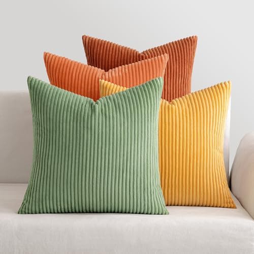 MIULEE Kissenbezug 40x40 4er Set Kordsamt Kissenhülle sofakissen Olive | Weiche Kissenhülle Dekorative Sofakissen Quadratische Dekokissen Zierkissenbezug Gestreifte Kissenbezüge fü