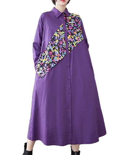 Image of ellazhu Womens Fall Casual Patchwork Funky Long Sleeve Designer Dress Loose Blouse GY2787 A